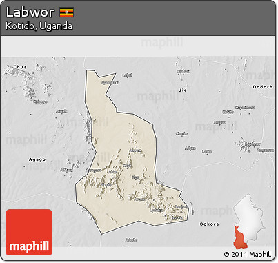 Shaded Relief 3D Map of Labwor, desaturated