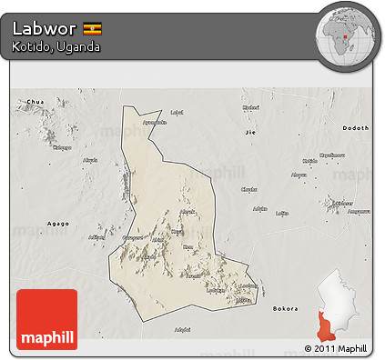 Shaded Relief 3D Map of Labwor, semi-desaturated