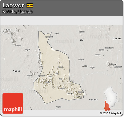 Shaded Relief 3D Map of Labwor, semi-desaturated