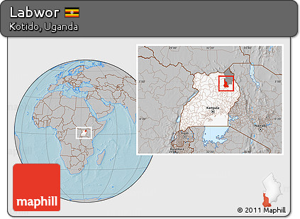 Gray Location Map of Labwor, highlighted country, highlighted parent region, within the entire country, hill shading