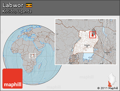 Gray Location Map of Labwor, highlighted country, highlighted parent region, within the entire country, hill shading