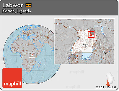 Gray Location Map of Labwor, highlighted country, highlighted parent region, within the entire country, hill shading
