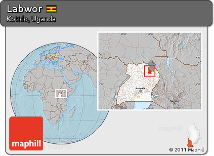 Gray Location Map of Labwor, highlighted country, highlighted parent region, hill shading