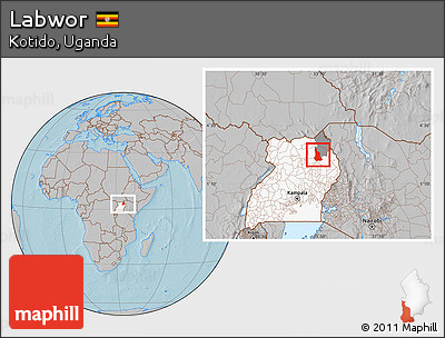 Gray Location Map of Labwor, highlighted country, highlighted parent region, hill shading
