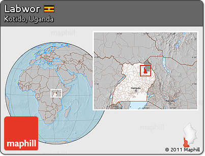 Gray Location Map of Labwor, highlighted country, highlighted parent region, hill shading