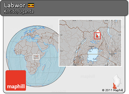 Gray Location Map of Labwor, highlighted parent region, within the entire country, hill shading