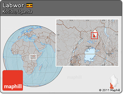 Gray Location Map of Labwor, highlighted parent region, within the entire country, hill shading