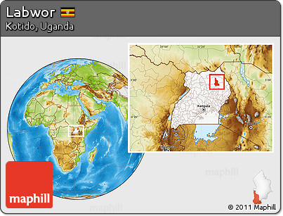Physical Location Map of Labwor, highlighted country, within the entire country