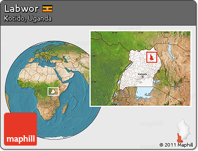Satellite Location Map of Labwor, highlighted country, within the entire country