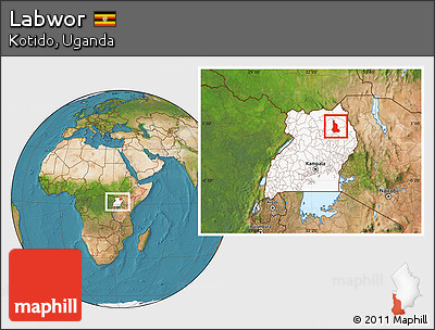 Satellite Location Map of Labwor, highlighted country, within the entire country