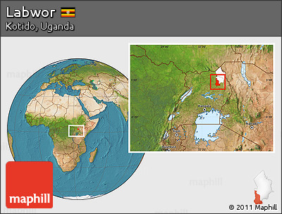Satellite Location Map of Labwor, highlighted parent region, within the entire country