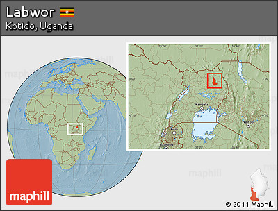 Savanna Style Location Map of Labwor, within the entire country, hill shading
