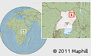 Savanna Style Location Map of Labwor, highlighted country, within the entire country, hill shading
