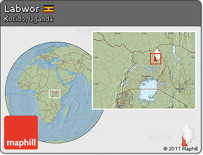 Savanna Style Location Map of Labwor, highlighted parent region, within the entire country, hill shading