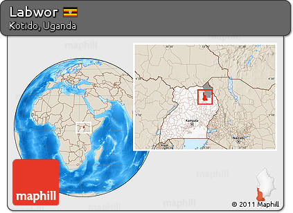 Shaded Relief Location Map of Labwor, highlighted country, highlighted parent region