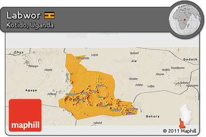 Political Panoramic Map of Labwor, shaded relief outside
