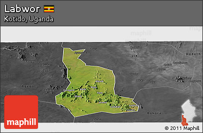 Satellite Panoramic Map of Labwor, darken, desaturated
