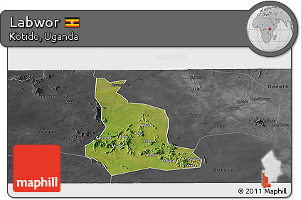 Satellite Panoramic Map of Labwor, darken, desaturated