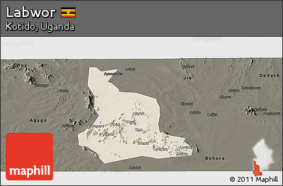 Shaded Relief Panoramic Map of Labwor, darken