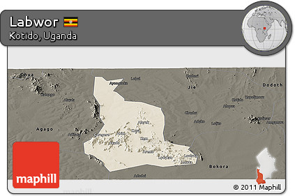 Shaded Relief Panoramic Map of Labwor, darken