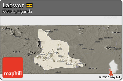 Shaded Relief Panoramic Map of Labwor, darken