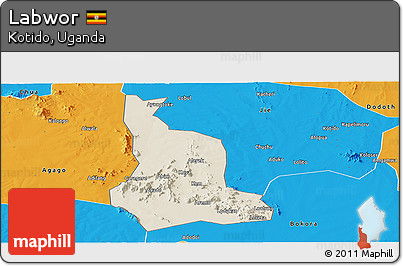 Shaded Relief Panoramic Map of Labwor, political outside