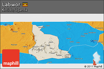 Shaded Relief Panoramic Map of Labwor, political outside