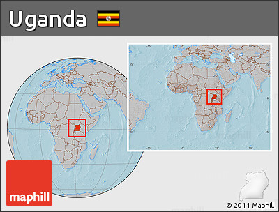 Gray Location Map of Uganda, within the entire continent, hill shading
