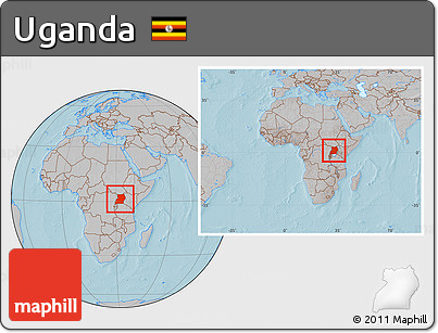 Gray Location Map of Uganda, within the entire continent, hill shading