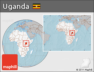 Gray Location Map of Uganda, highlighted continent, within the entire continent, hill shading