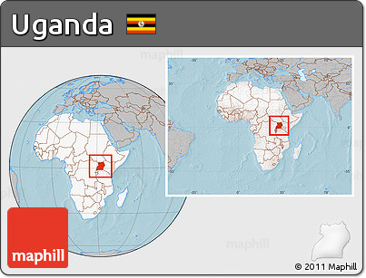 Gray Location Map of Uganda, highlighted continent, within the entire continent, hill shading