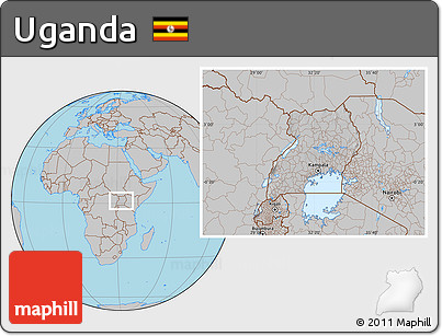Gray Location Map of Uganda, hill shading inside
