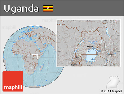 Gray Location Map of Uganda, hill shading outside