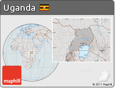 Gray Location Map of Uganda, lighten, hill shading