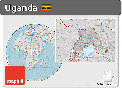 Gray Location Map of Uganda, lighten, semi-desaturated, land only, hill shading