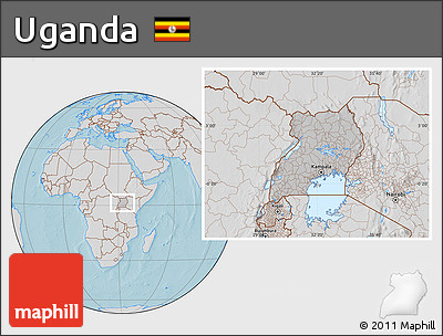 Gray Location Map of Uganda, lighten, semi-desaturated, land only, hill shading