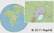 Gray Location Map of Uganda, savanna style outside, hill shading inside