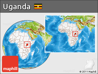 Physical Location Map of Uganda, highlighted continent, within the entire continent