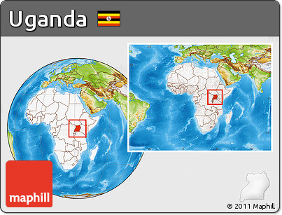 Physical Location Map of Uganda, highlighted continent, within the entire continent