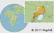 Physical Location Map of Uganda, savanna style outside