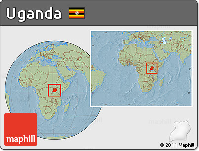 Savanna Style Location Map of Uganda, within the entire continent, hill shading