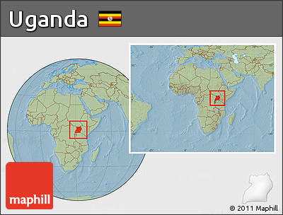 Savanna Style Location Map of Uganda, within the entire continent, hill shading