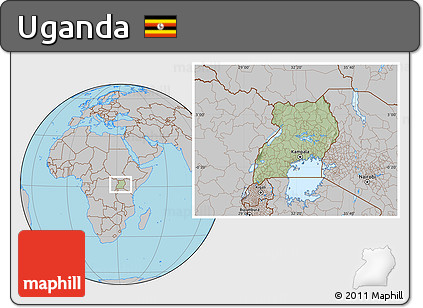 Savanna Style Location Map of Uganda, gray outside, hill shading inside