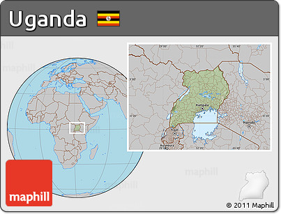 Savanna Style Location Map of Uganda, gray outside, hill shading inside
