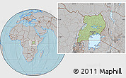 Savanna Style Location Map of Uganda, gray outside, hill shading outside