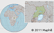Savanna Style Location Map of Uganda, gray outside, hill shading