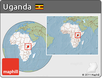 Savanna Style Location Map of Uganda, highlighted continent, within the entire continent, hill shading