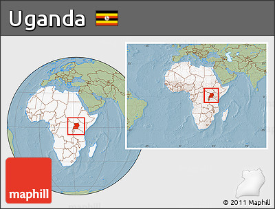Savanna Style Location Map of Uganda, highlighted continent, within the entire continent, hill shading