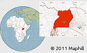 Savanna Style Location Map of Uganda, highlighted continent, hill shading