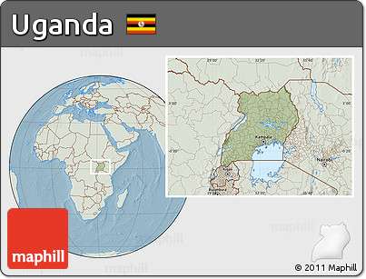 Savanna Style Location Map of Uganda, lighten, land only, hill shading